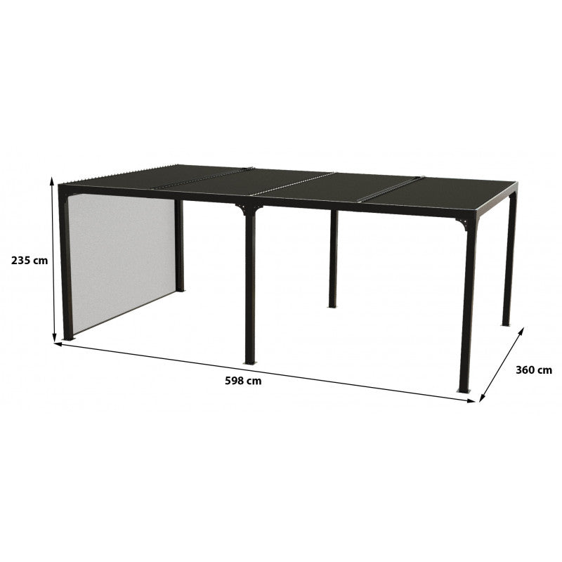 Pergola bioclimatica in alluminio antracite 360x598 cm - Lamelle orientabili 90° - Con 2 tende PVC 3,60 m - 21,52 m² - PER36R60BI Foresta