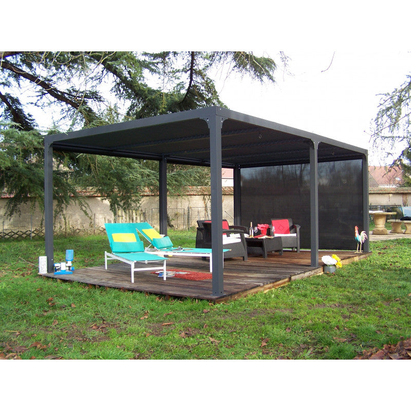 Pergola bioclimatica in alluminio antracite 360x598 cm - Lamelle orientabili 90° - Con 2 tende PVC 3,60 m - 21,52 m² - PER36R60BI Foresta