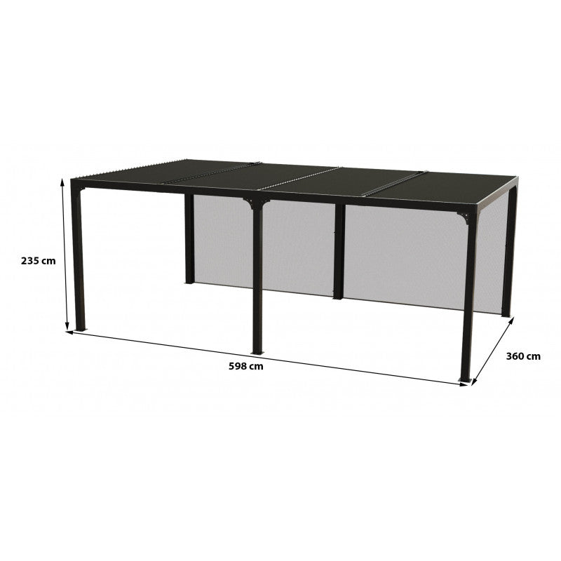 Pergola bioclimatica in alluminio antracite 360x598 cm - Lamelle orientabili 90° - Con 2 tende PVC 5,98 m - 21,52 m² - PER3660RBI Foresta
