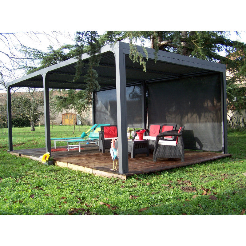 Pergola bioclimatica in alluminio antracite 360x598 cm - Lamelle orientabili 90° - Con 2 tende PVC 5,98 m - 21,52 m² - PER3660RBI Foresta
