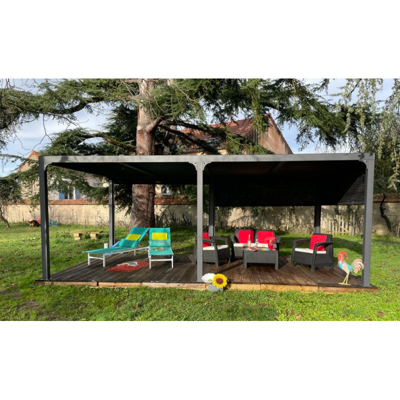 Pergola bioclimatica in alluminio antracite 360x598 cm - Lamelle orientabili 90° - Con 2 tende PVC 5,98 m - 21,52 m² - PER3660RBI Foresta
