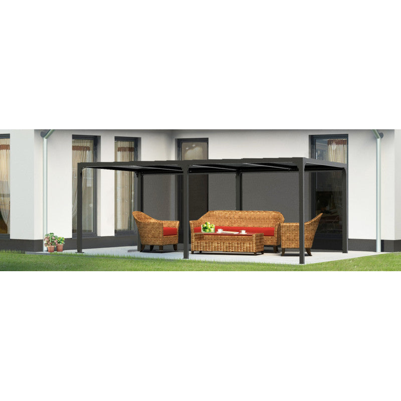 Pergola bioclimatica in alluminio antracite 360x598 cm - Lamelle orientabili 90° - Con 2 tende PVC 5,98 m - 21,52 m² - PER3660RBI Foresta
