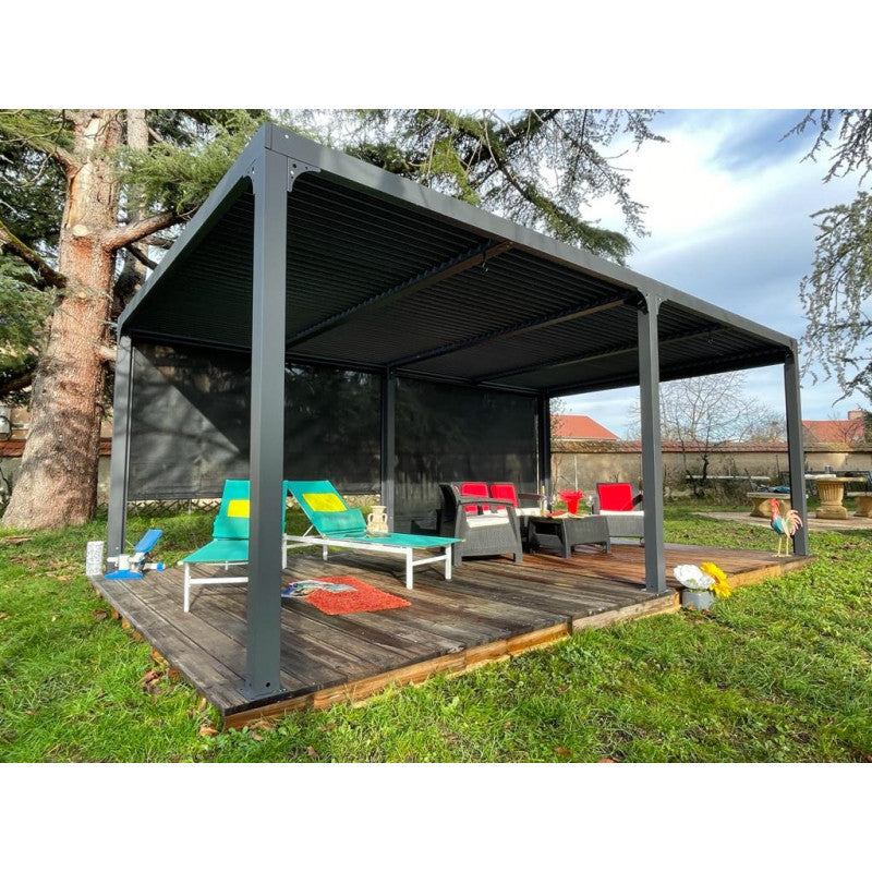 Pergola bioclimatica in alluminio antracite 360x598 cm - Lamelle orientabili 90° - Con 2 tende PVC 5,98 m - 21,52 m² - PER3660RBI Foresta