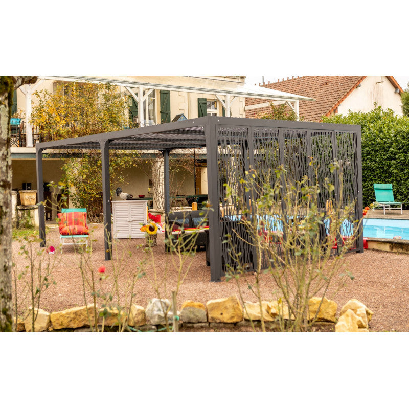 Pergola bioclimatica in alluminio antracite 360x598 cm - Lamelle orientabili 90° - Con 5 pannelli moucharabieh 3,60 m - 21,52 m² - PER36M60BI Foresta