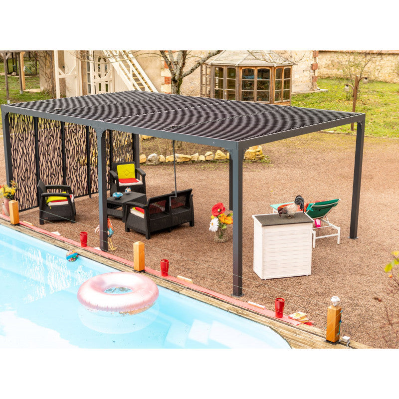 Pergola bioclimatica in alluminio antracite 360x598 cm - Lamelle orientabili 90° - Con 5 pannelli moucharabieh 3,60 m - 21,52 m² - PER36M60BI Foresta
