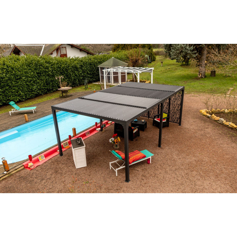Pergola bioclimatica in alluminio antracite 360x598 cm - Lamelle orientabili 90° - Con 5 pannelli moucharabieh 3,60 m - 21,52 m² - PER36M60BI Foresta
