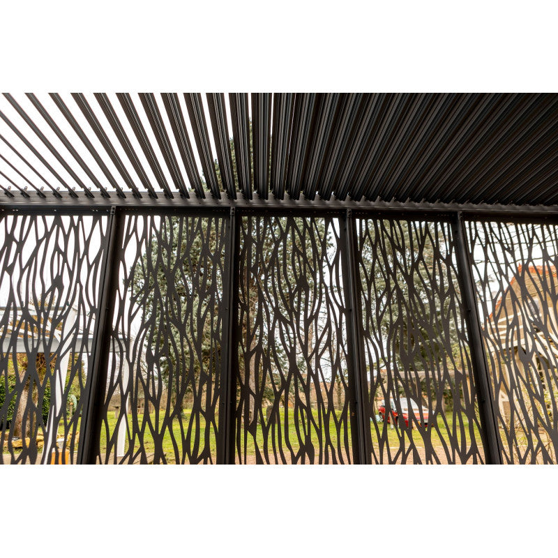 Pergola bioclimatica in alluminio antracite 360x598 cm - Lamelle orientabili 90° - Con 5 pannelli moucharabieh 3,60 m - 21,52 m² - PER36M60BI Foresta