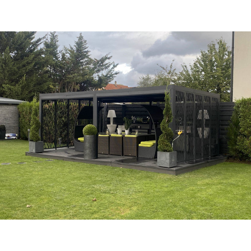 Pergola bioclimatica in alluminio antracite 360x598 cm - Lamelle orientabili 90° - Con 5 pannelli moucharabieh 3,60 m - 21,52 m² - PER36M60BI Foresta