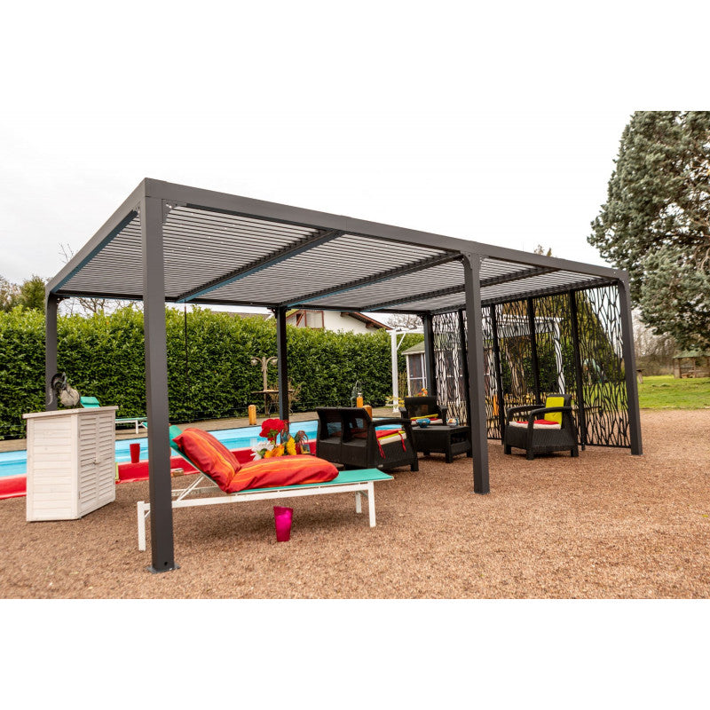 Pergola bioclimatica in alluminio antracite 360x598 cm - Lamelle orientabili 90° - Con 5 pannelli moucharabieh 3,60 m - 21,52 m² - PER36M60BI Foresta