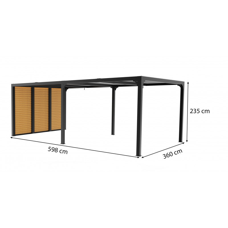 Pergola bioclimatica in alluminio antracite 360x598 cm - Lamelle orientabili 90° - Ventelle effetto legno 3,60 m - 21,52 m² - PER36VB60BI Foresta