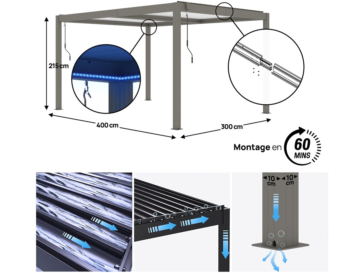 Pergola bioclimatica in alluminio "Windsor" con led 3 x 4 - Taupe