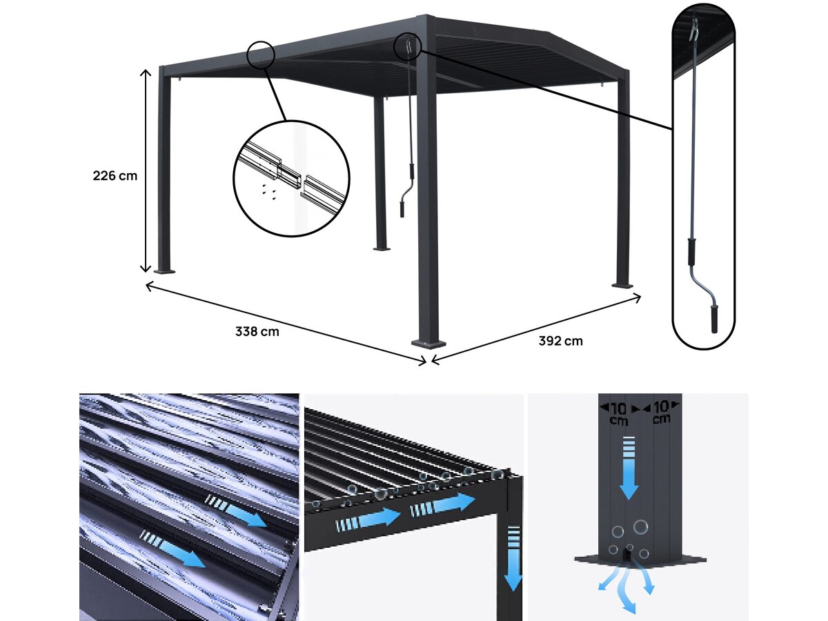 Pergola bioclimatica tetto a 2 lati "Victoria" in alluminio e metallo - 3,5 x 4 m - Grigio