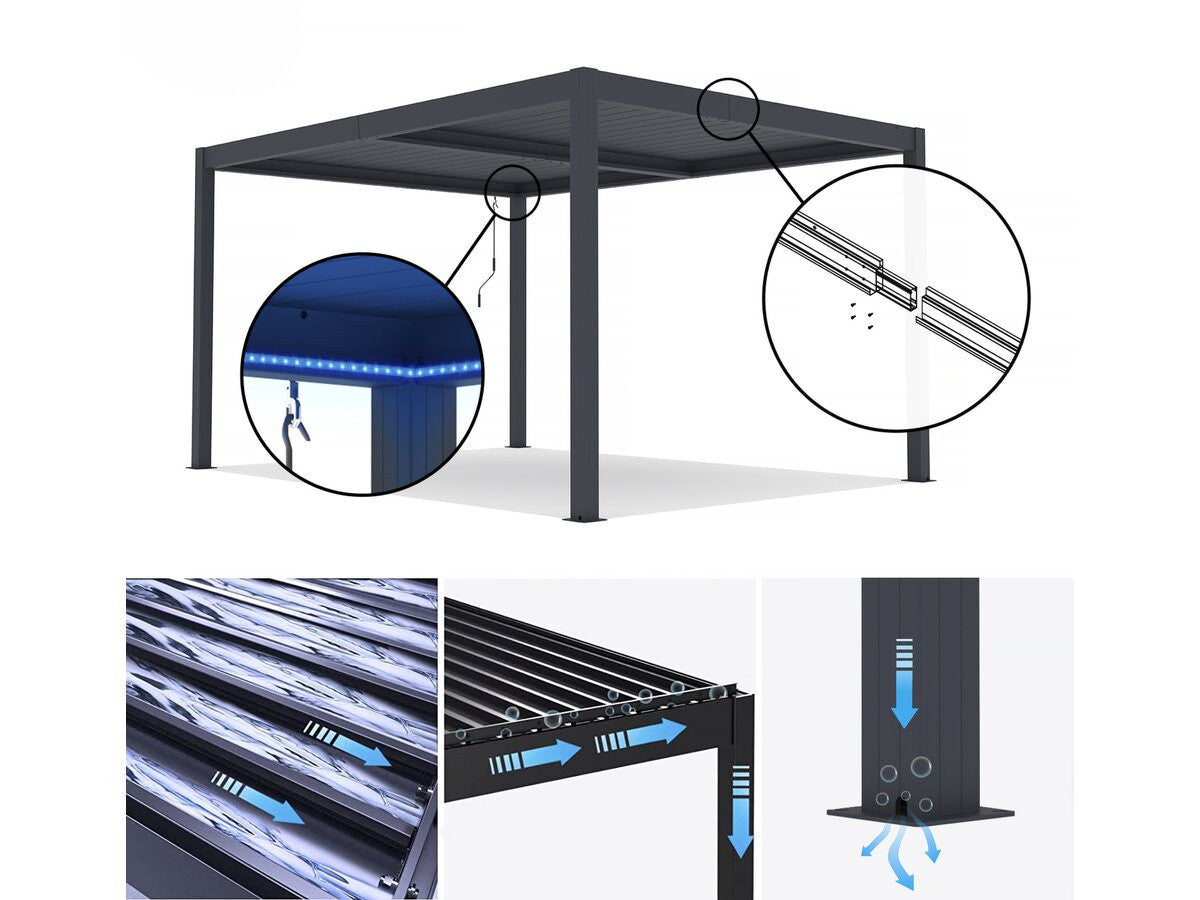 Pergola bioclimatica con LED in alluminio "Windsor" 3 x 3 - Grigio