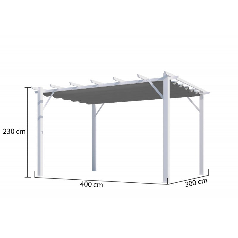 Pergola in Alluminio a 7 Lamburde - Struttura Bianca - Telo Copertura Grigio 280 Gr/Mq