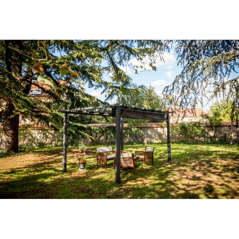 Pergola in Alluminio a 7 Lamburde - Struttura Bianca - Telo Copertura Grigio 280 Gr/Mq