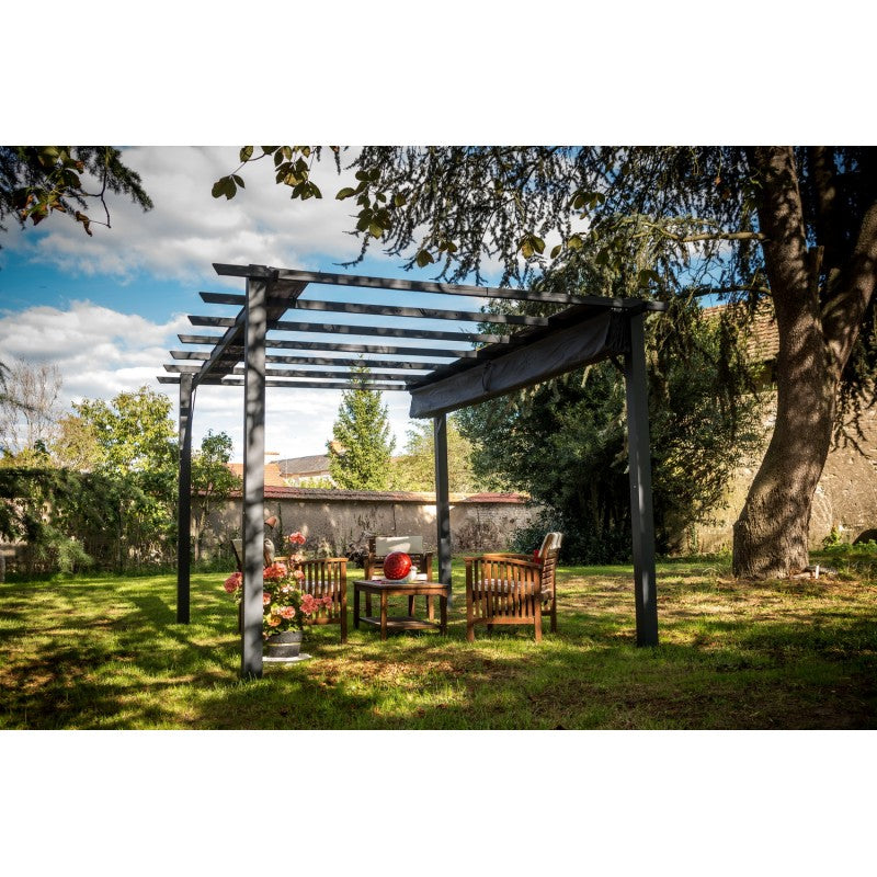 Pergola in Alluminio a 7 Lamburde - Struttura Bianca - Telo Copertura Grigio 280 Gr/Mq