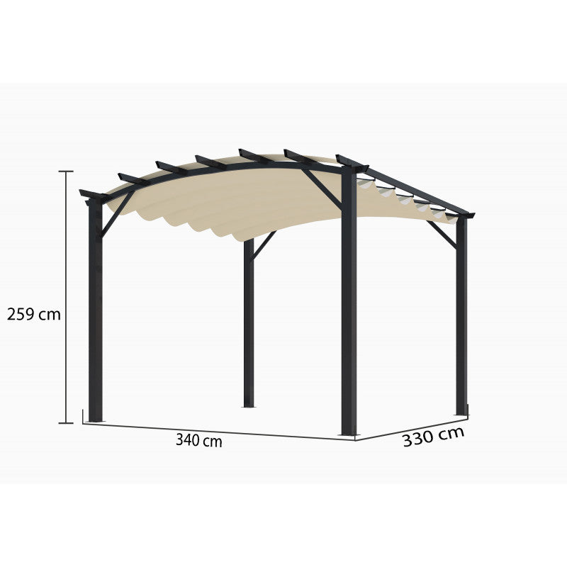 Pergola in Alluminio ad Arco con 7 Lamburde 340x330x240 Colore antracite  e Telo di Copertura