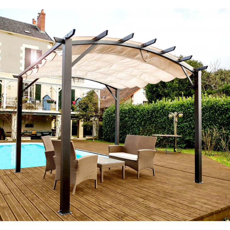 Pergola in Alluminio ad Arco con 7 Lamburde 340x330x240 Colore antracite  e Telo di Copertura