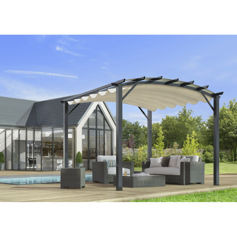 Pergola in Alluminio ad Arco con 7 Lamburde 340x330x240 Colore antracite  e Telo di Copertura