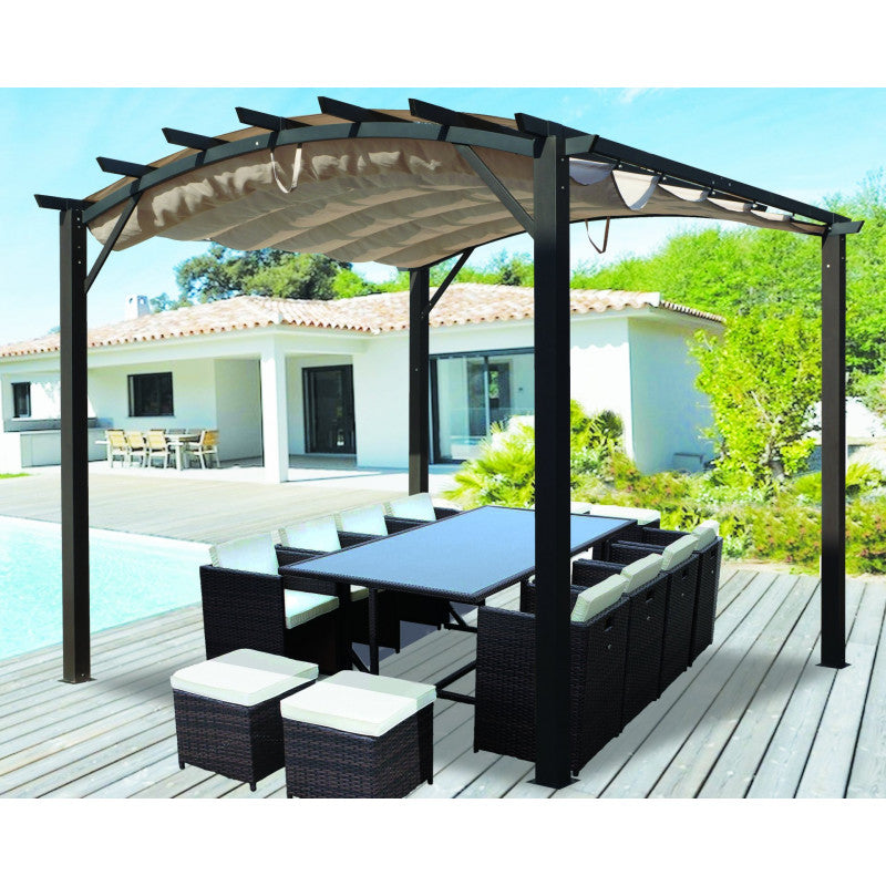 Pergola in Alluminio ad Arco con 7 Lamburde 340x330x240 Colore antracite  e Telo di Copertura