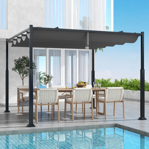 Pergola da esterno 310x310cm con tettoia retrattile colonne metalliche extra-resistenti, Padiglione parasole Grigio-Gazebo