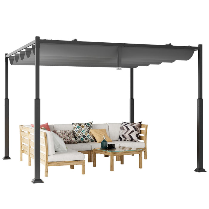 Pergola da esterno 310x310cm con tettoia retrattile colonne metalliche extra-resistenti, Padiglione parasole Grigio-Gazebo
