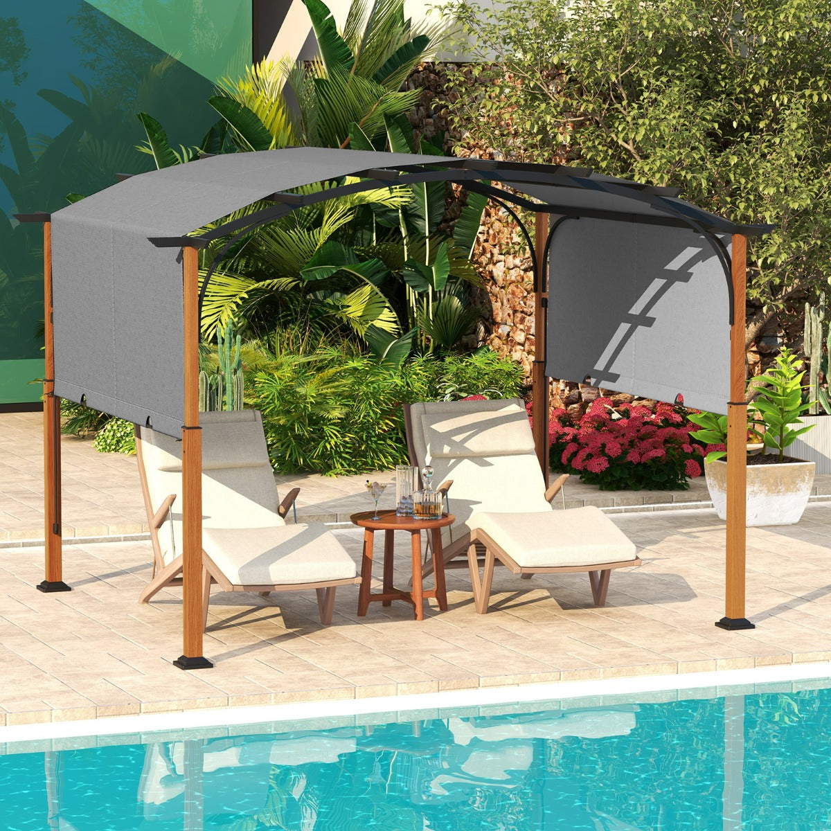 Pergola retrattile da esterno 300x360cm, Pergola metallica con telaio curvo e tettuccio retrattile Grigio-Gazebo