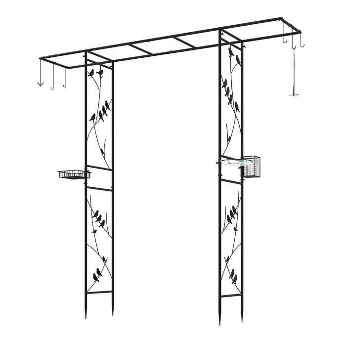 Pergolato a arco con ciotola d'acqua e vassoio a rete, Stazione di alimentazione per uccelli da giardino Nero-Decorazioni da giardino