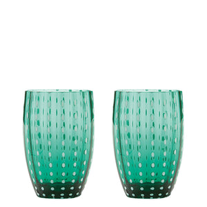 Zafferano Perle Bicchiere Verde - Vetro Colorato Soffiato a Bocca, 32 cl, Lavorato a Mano - Set da 2 Tumblers Artigianali per Acqua o Cocktail
