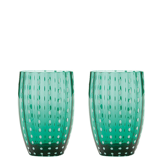 Zafferano Perle Bicchiere Verde - Vetro Colorato Soffiato a Bocca, 32 cl, Lavorato a Mano - Set da 2 Tumblers Artigianali per Acqua o Cocktail
