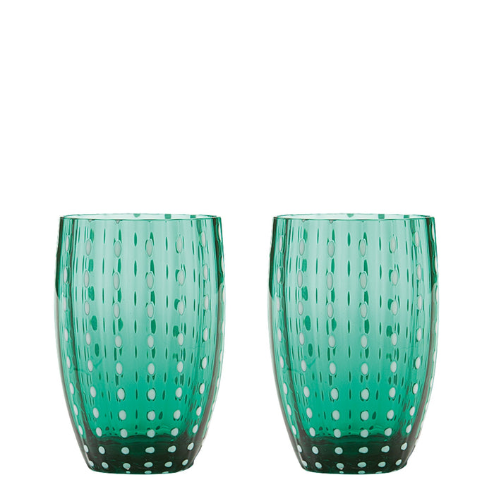 Zafferano Perle Bicchiere Verde - Vetro Colorato Soffiato a Bocca, 32 cl, Lavorato a Mano - Set da 2 Tumblers Artigianali per Acqua o Cocktail