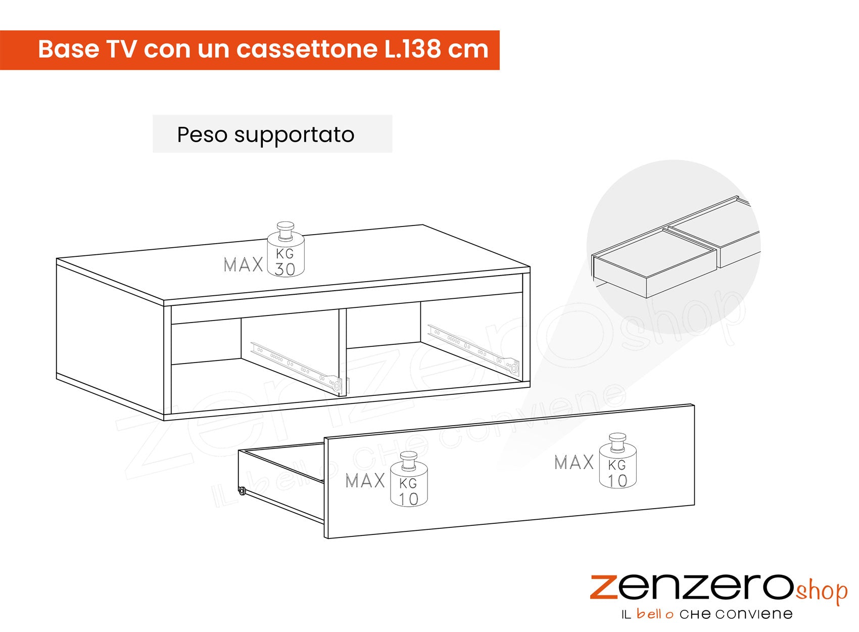Base TV con un cassettone L.138 cm, finitura Cadiz, ZLCINFNPENEW43
