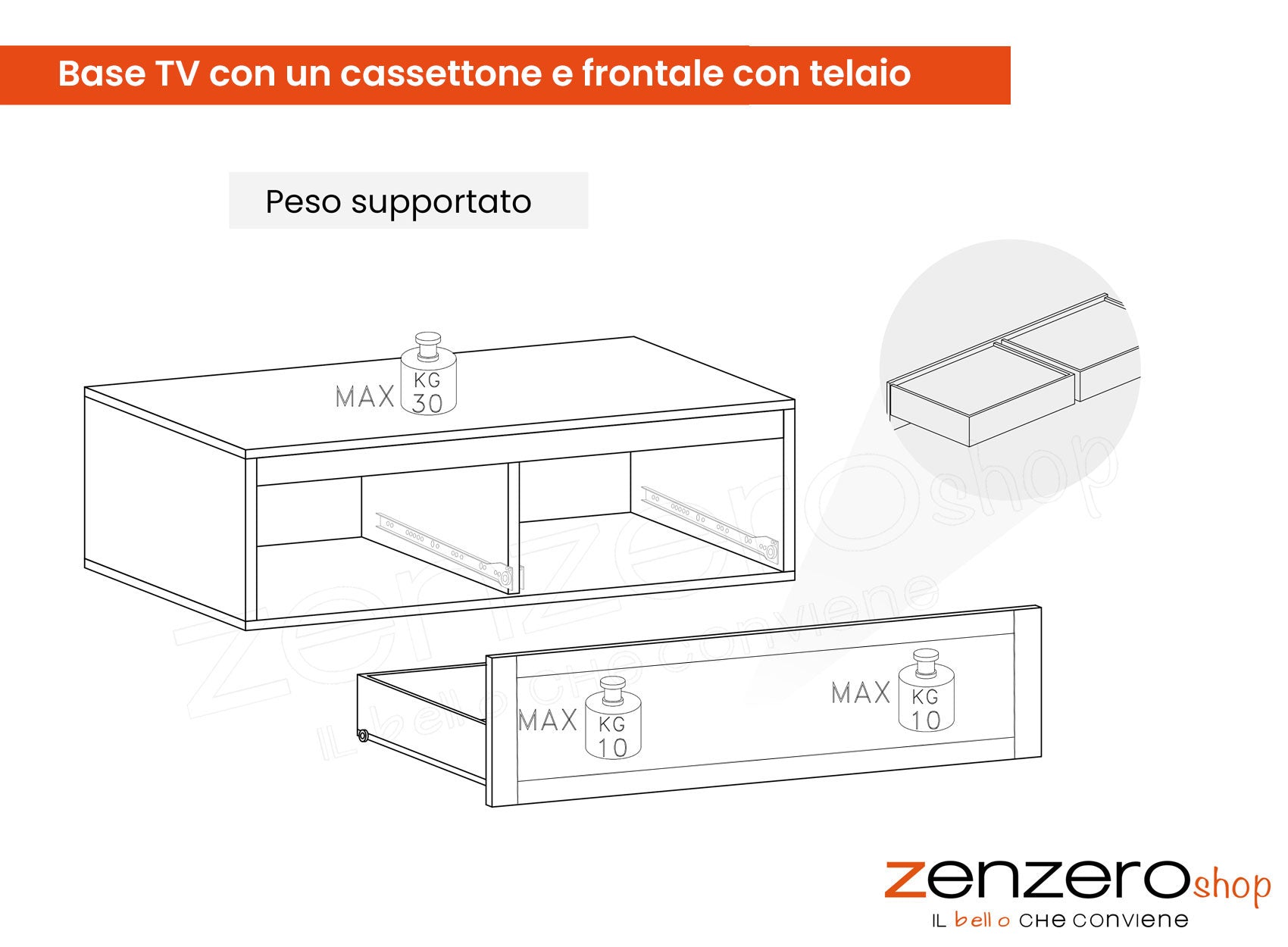Base TV con un cassettone e frontale con telaio, finitura Argilla, ZLCINFNPENEW51