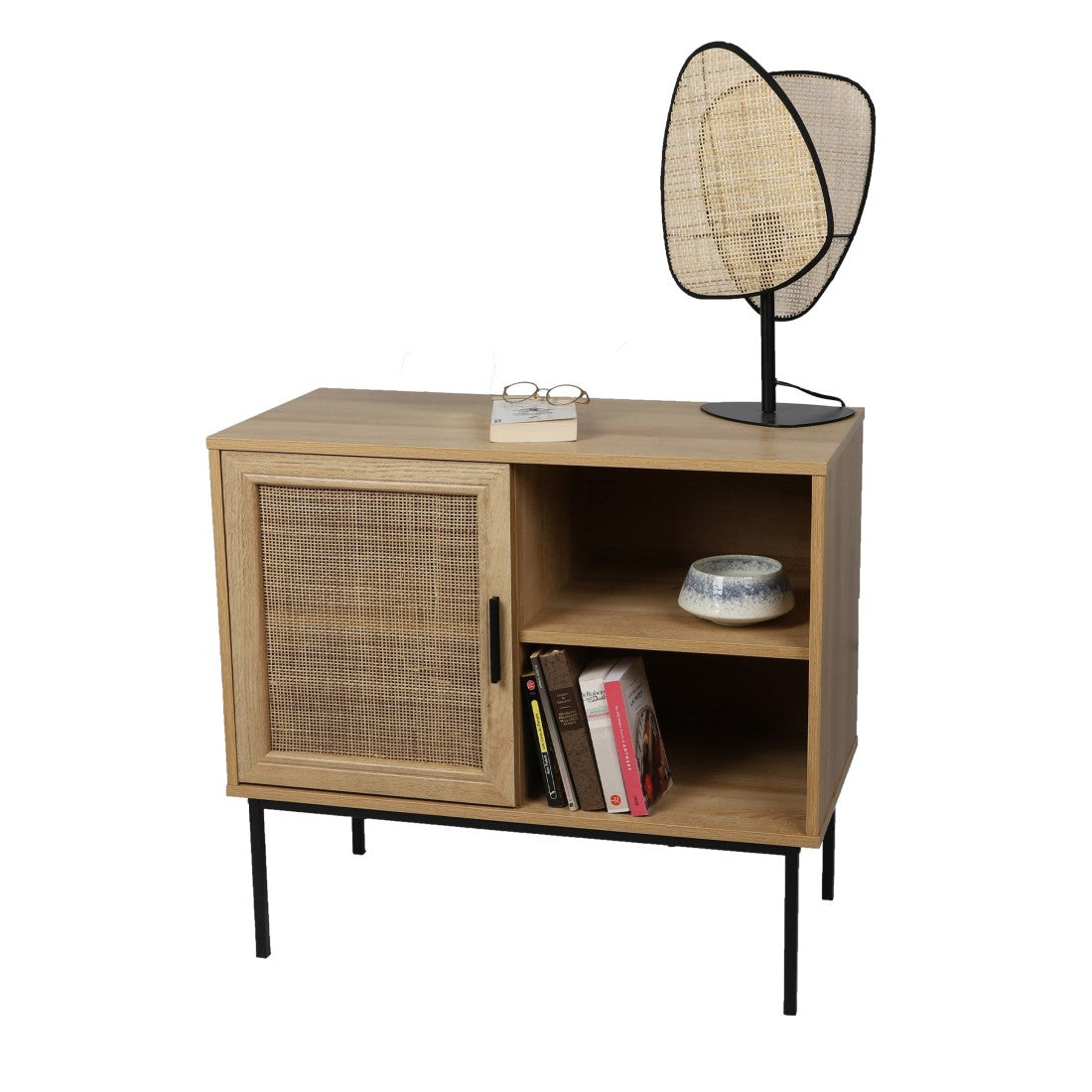 Piccolo buffet 1 anta e 2 vani – Dimensioni 80x39x73 cm, colore quercia e nero – Collezione SAVORY