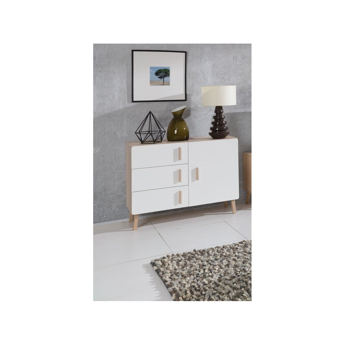 Piccolo buffet OSLO - Stile scandinavo - Colori quercia e bianco - 100 x 78 x 40 cm