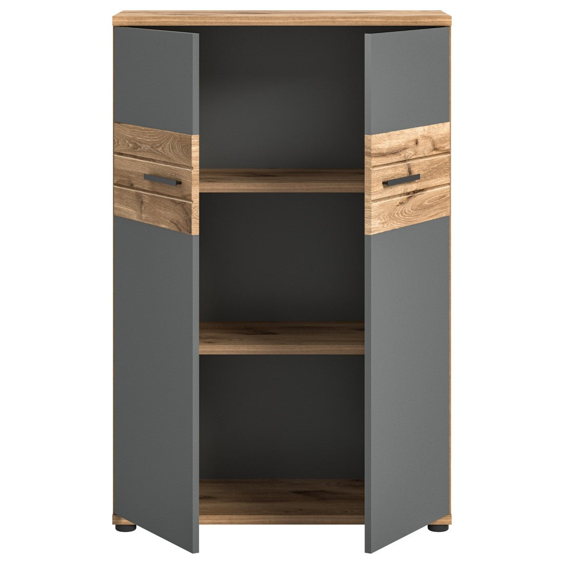 Piccola credenza da ufficio a 2 ante – Grigio antracite e rovere chiaro – SELMA