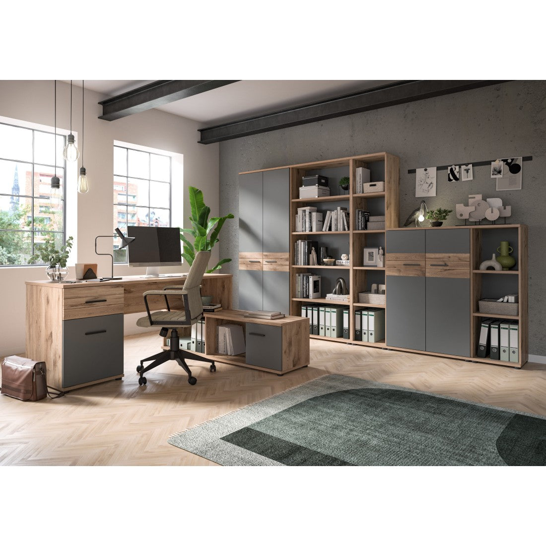 Piccola credenza da ufficio a 2 ante – Grigio antracite e rovere chiaro – SELMA