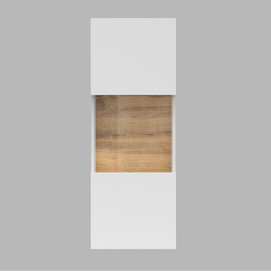 Piccola vetrina sospesa 1 porta parzialmente vetrata collezione EVA. Colore bianco opaco e rovere.