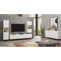 Piccola vetrina sospesa 1 porta parzialmente vetrata collezione EVA. Colore bianco opaco e rovere.