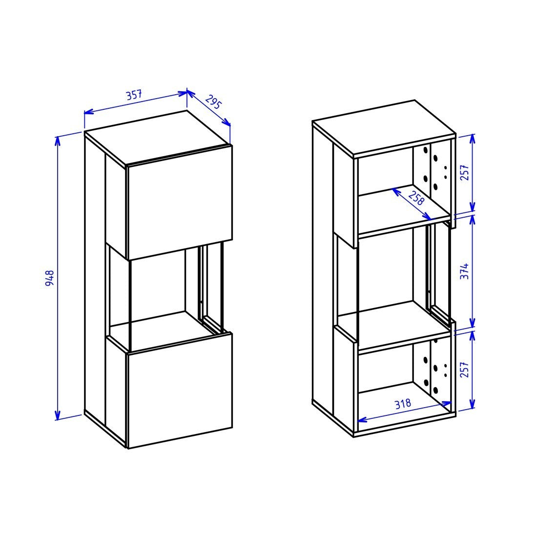 Piccola vetrina sospesa 1 porta parzialmente vetrata collezione EVA. Colore bianco opaco e rovere.
