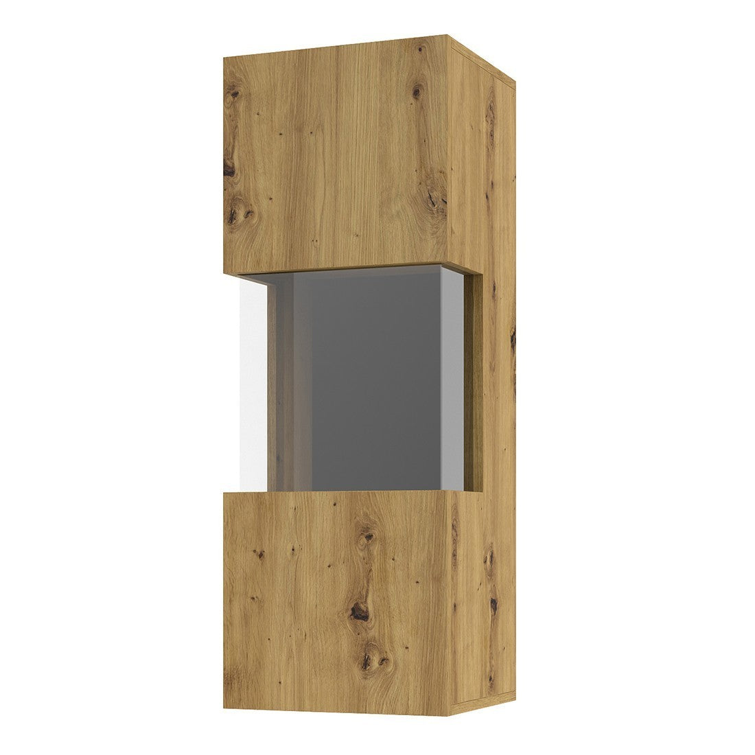 Piccola vetrina sospesa con 1 porta parzialmente vetrata, collezione EVA. Colore rovere e nero.