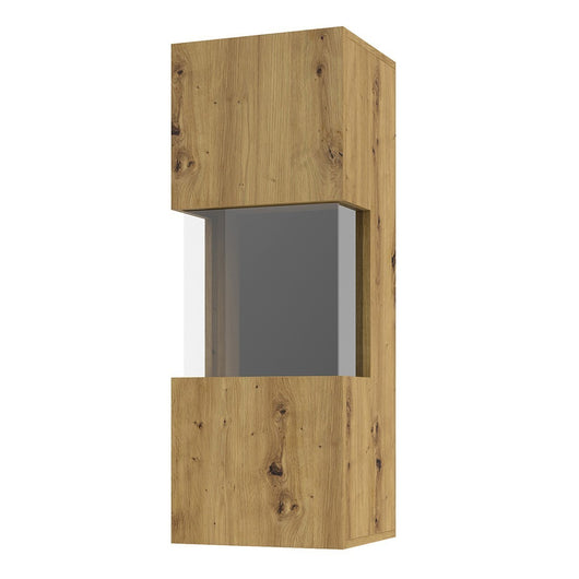 Piccola vetrina sospesa con 1 porta parzialmente vetrata, collezione EVA. Colore rovere e nero.