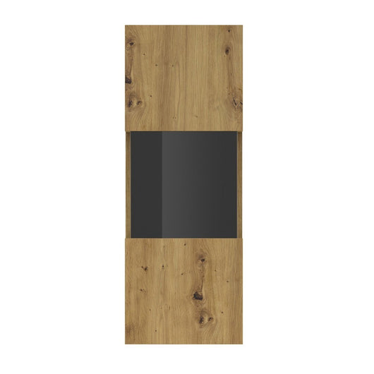 Piccola vetrina sospesa con 1 porta parzialmente vetrata, collezione EVA. Colore rovere e nero.