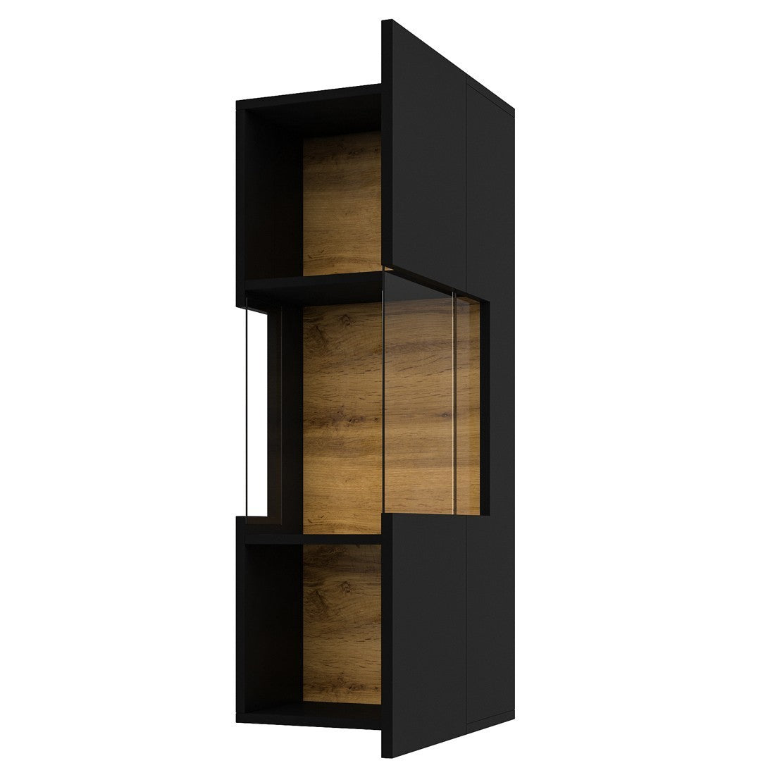 Piccola vetrina sospesa a 1 porta parzialmente vetrata collezione EVA. Colore nero e rovere.