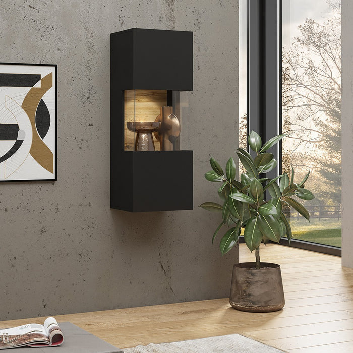 Piccola vetrina sospesa a 1 porta parzialmente vetrata collezione EVA. Colore nero e rovere.