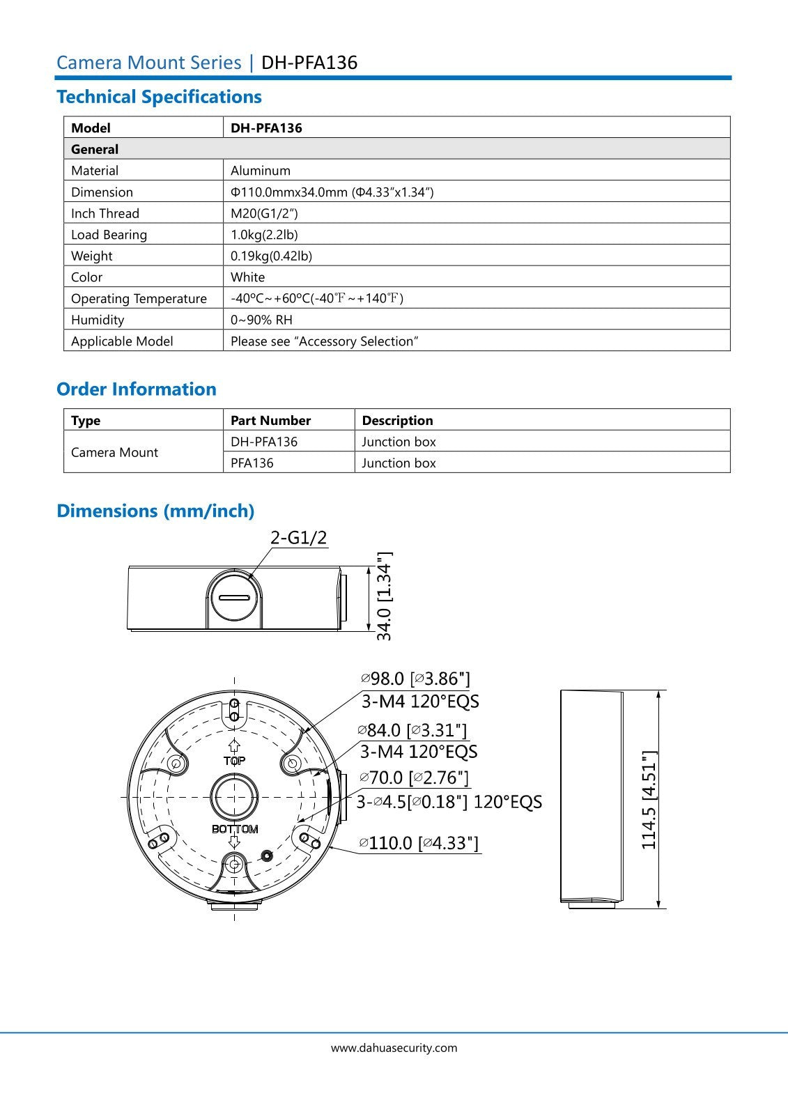 Basetta Telecamera Aluminio PFA136 - Dahua