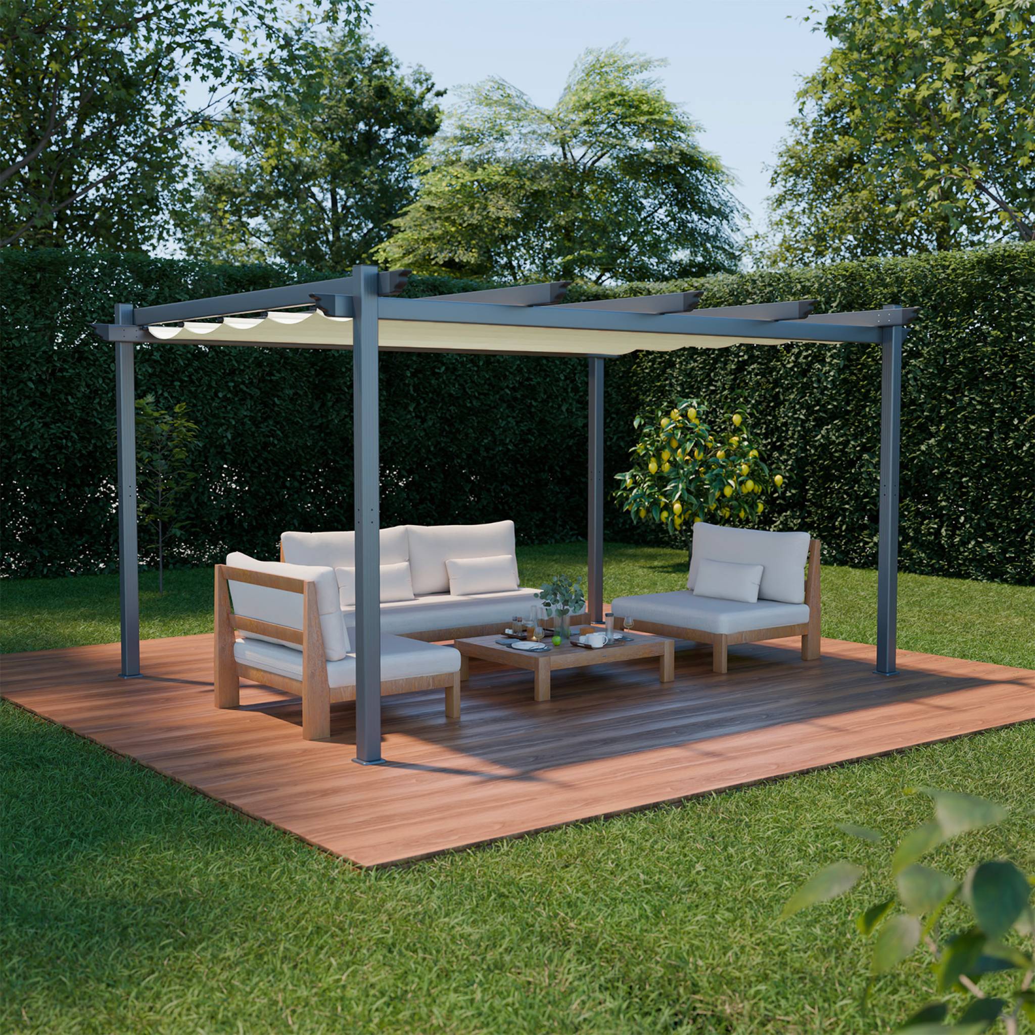 Pergola 3x4m in alluminio telo scorrevole, ecrù