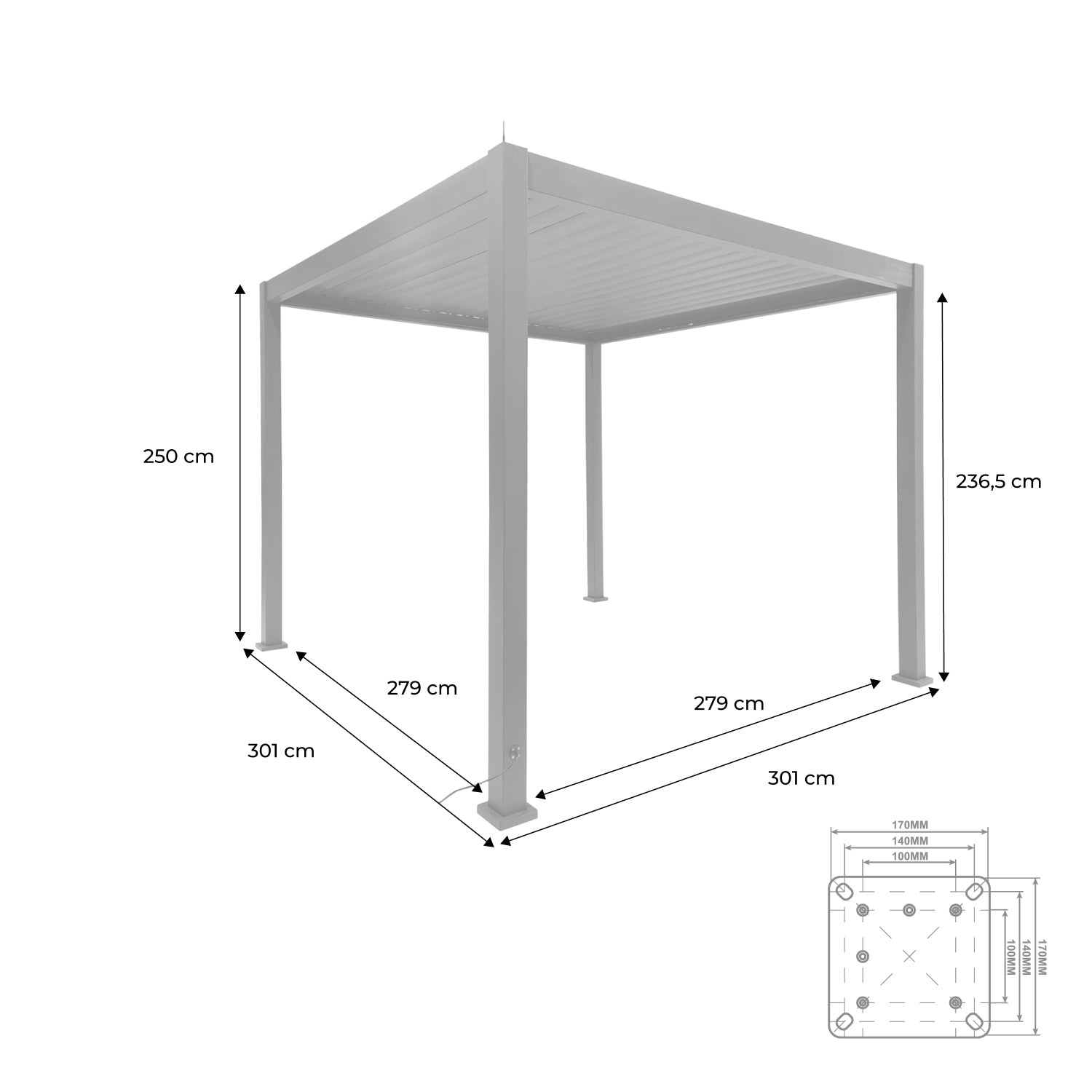 Pergola bioclimatica 3x3m elettrica in alluminio con illuminazione