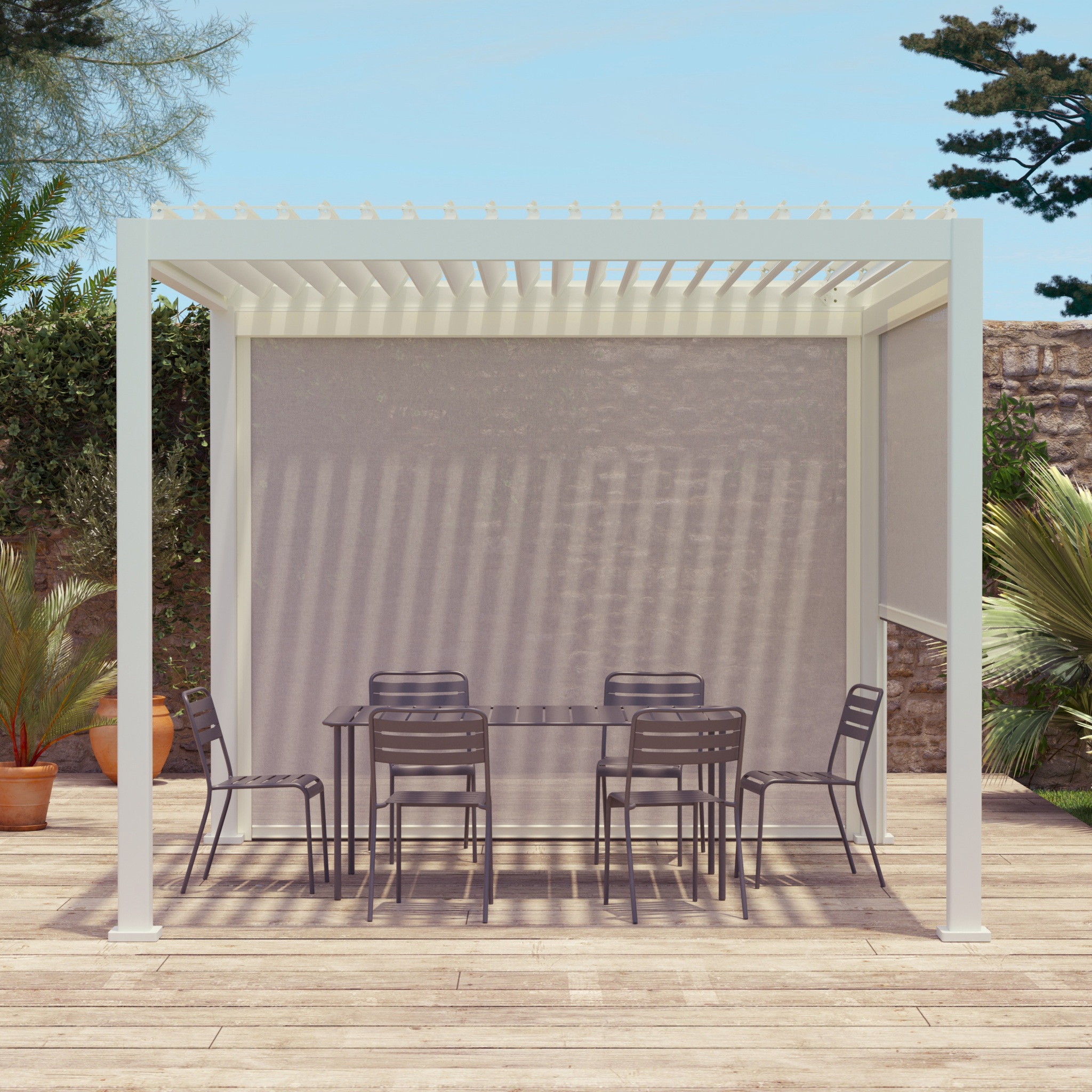 Pergola bioclimatica 3x3m in alluminio v2 + 2 tende da 3m, bianco
