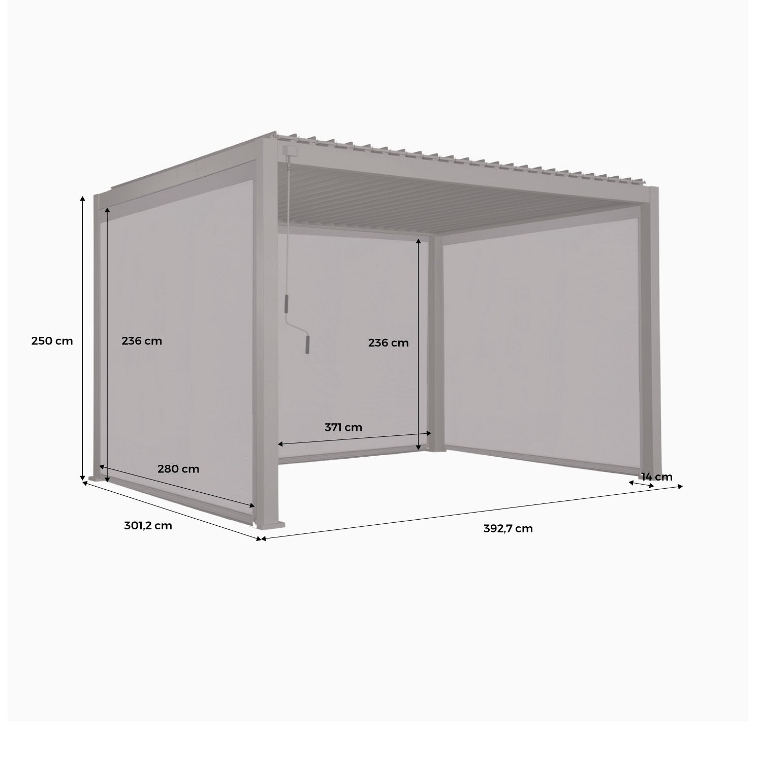 Pergola bioclimatica 3x4m in alluminio + 2 tende da 3m + 1 tenda da 4m